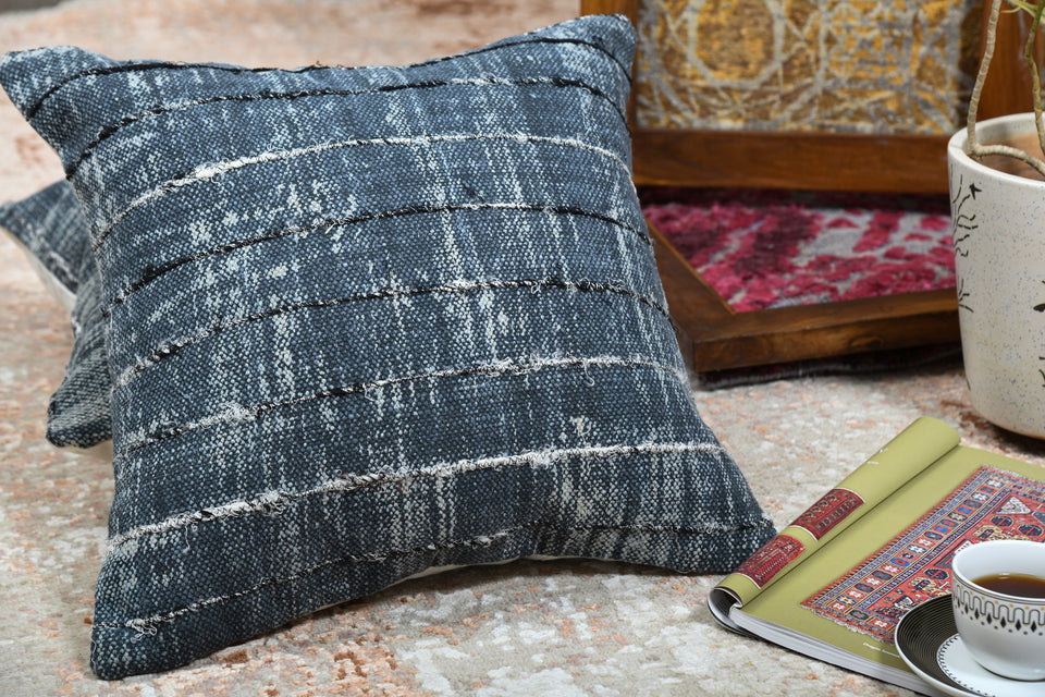 Tetras Teal Printed Cotton Durrie Cushion With Hand Work