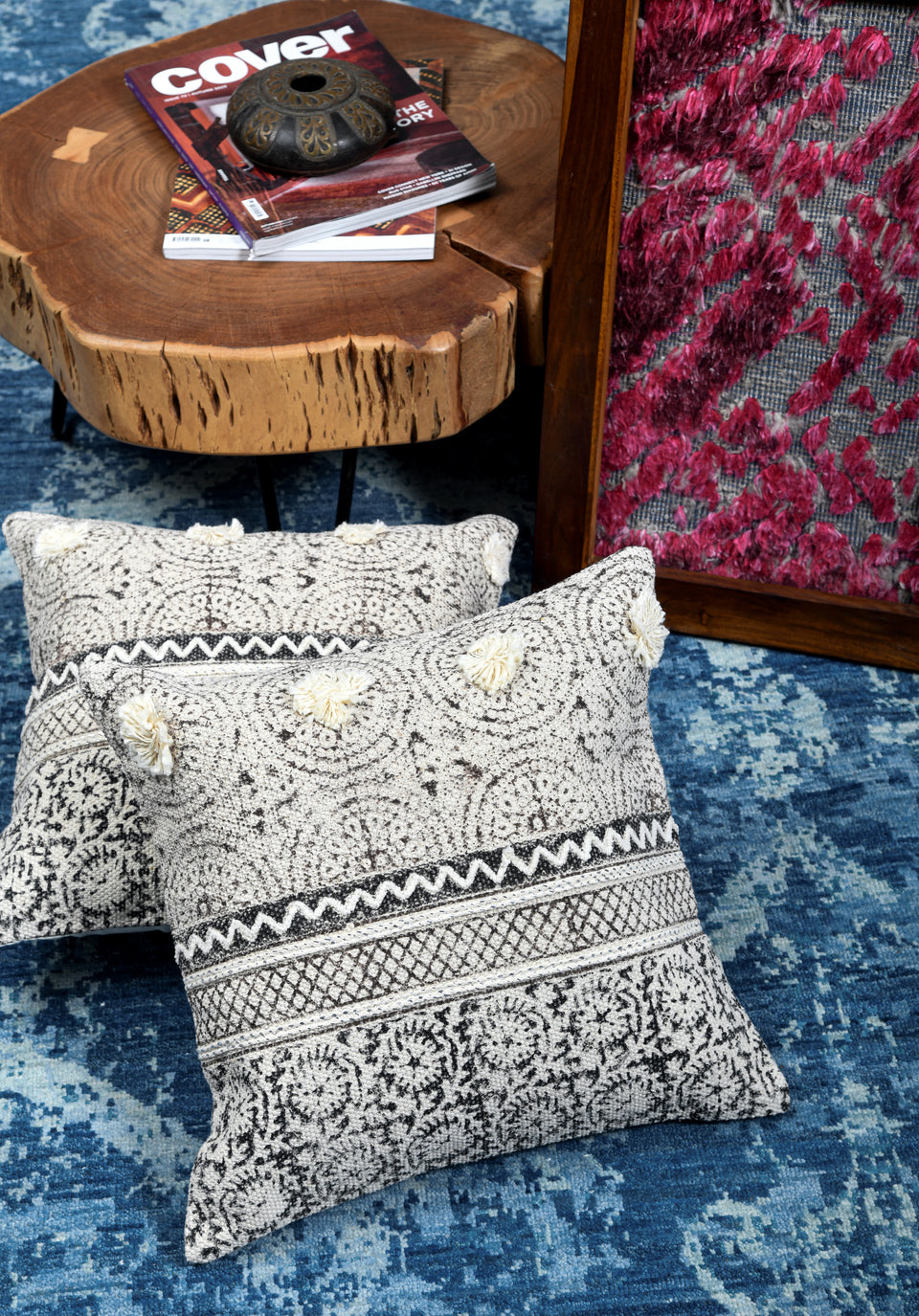 Witton Grey Brown Printed Cotton Durrie Cushion With Hand Work