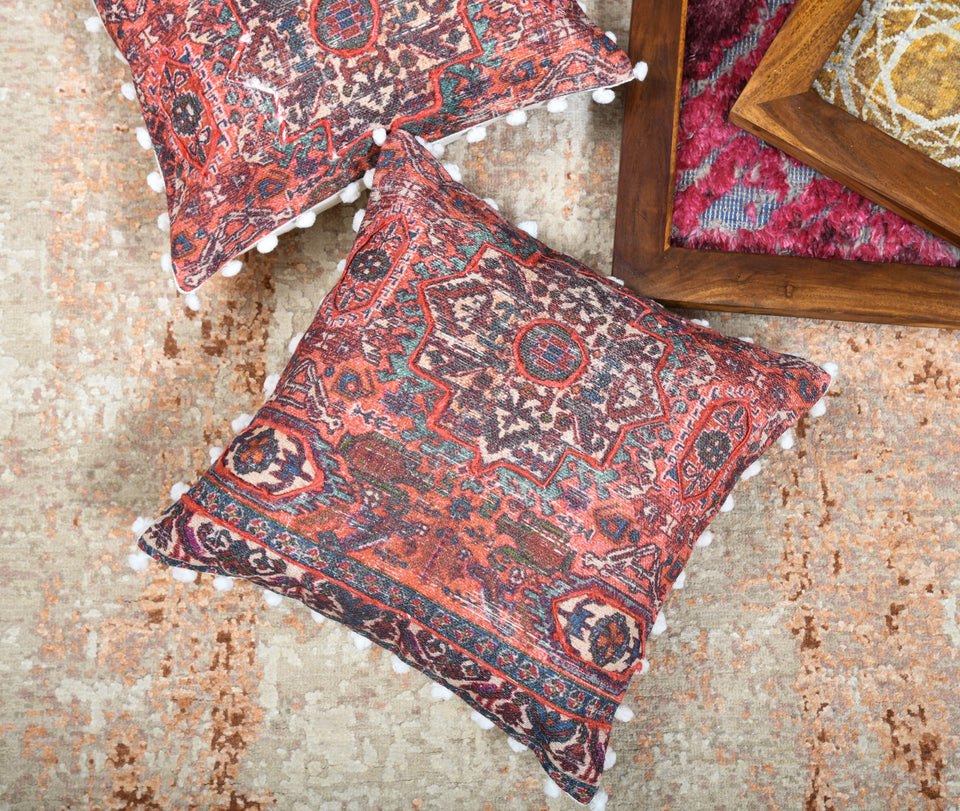 Thistle Maroon Printed Cotton Durrie Cushion With Hand Work