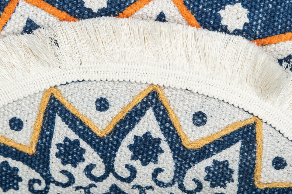 Tidal Ivory Blue Printed Cotton Durrie Cushion With Hand Work