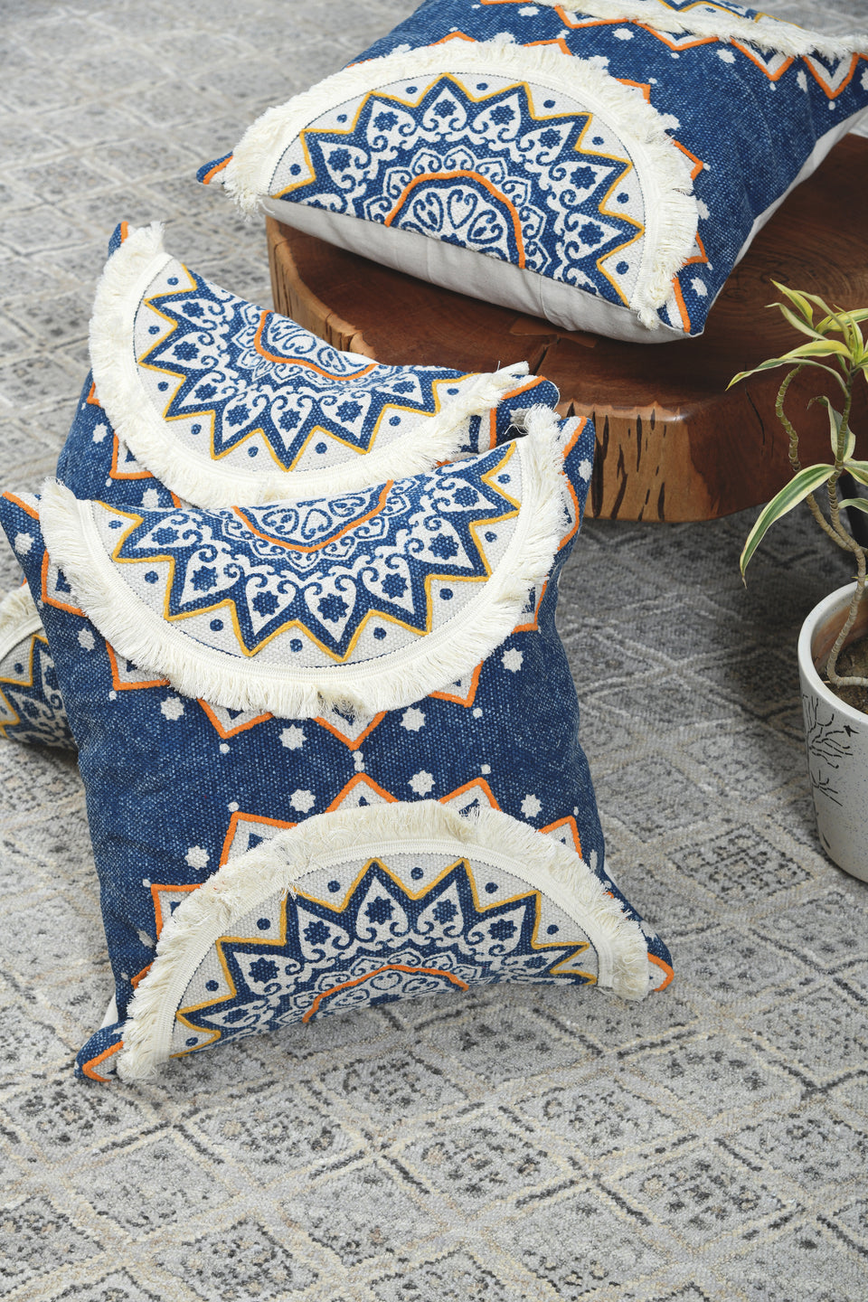Tidal Ivory Blue Printed Cotton Durrie Cushion With Hand Work