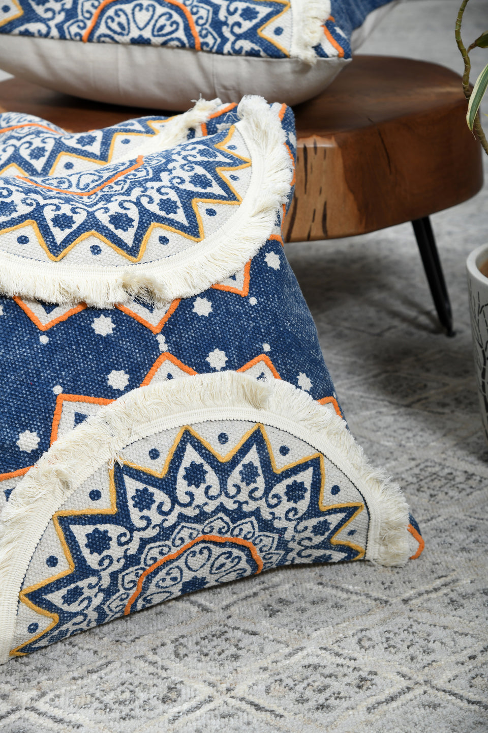 Tidal Ivory Blue Printed Cotton Durrie Cushion With Hand Work