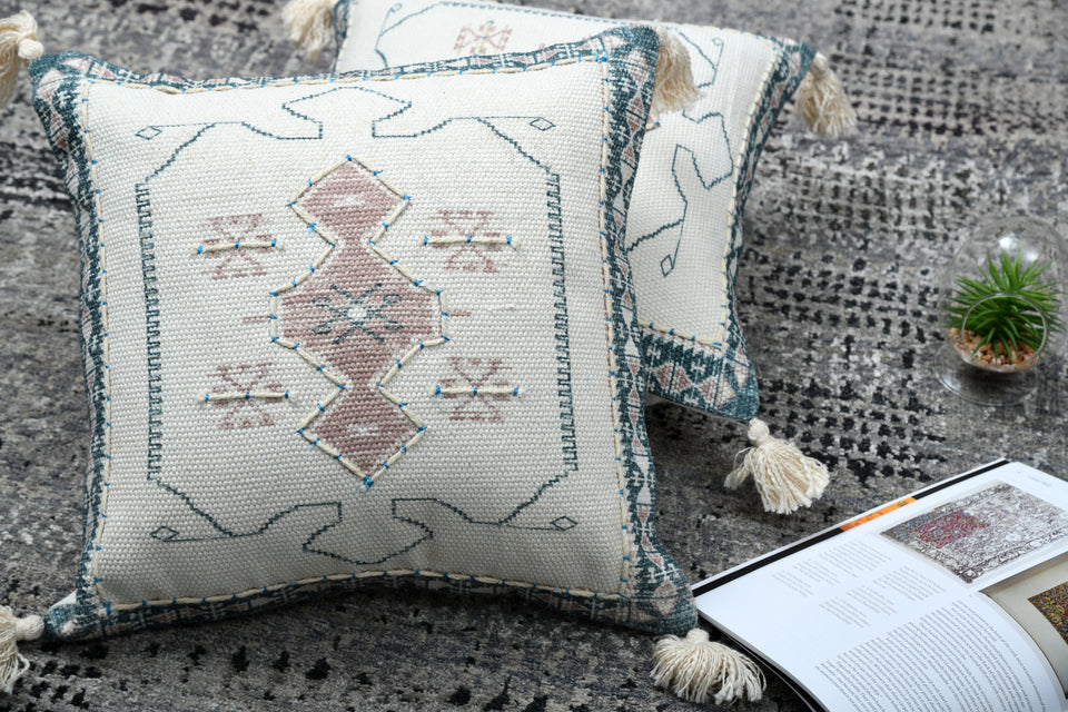 Wisteria  Ivory Printed Cotton Durrie Cushion With Hand Work
