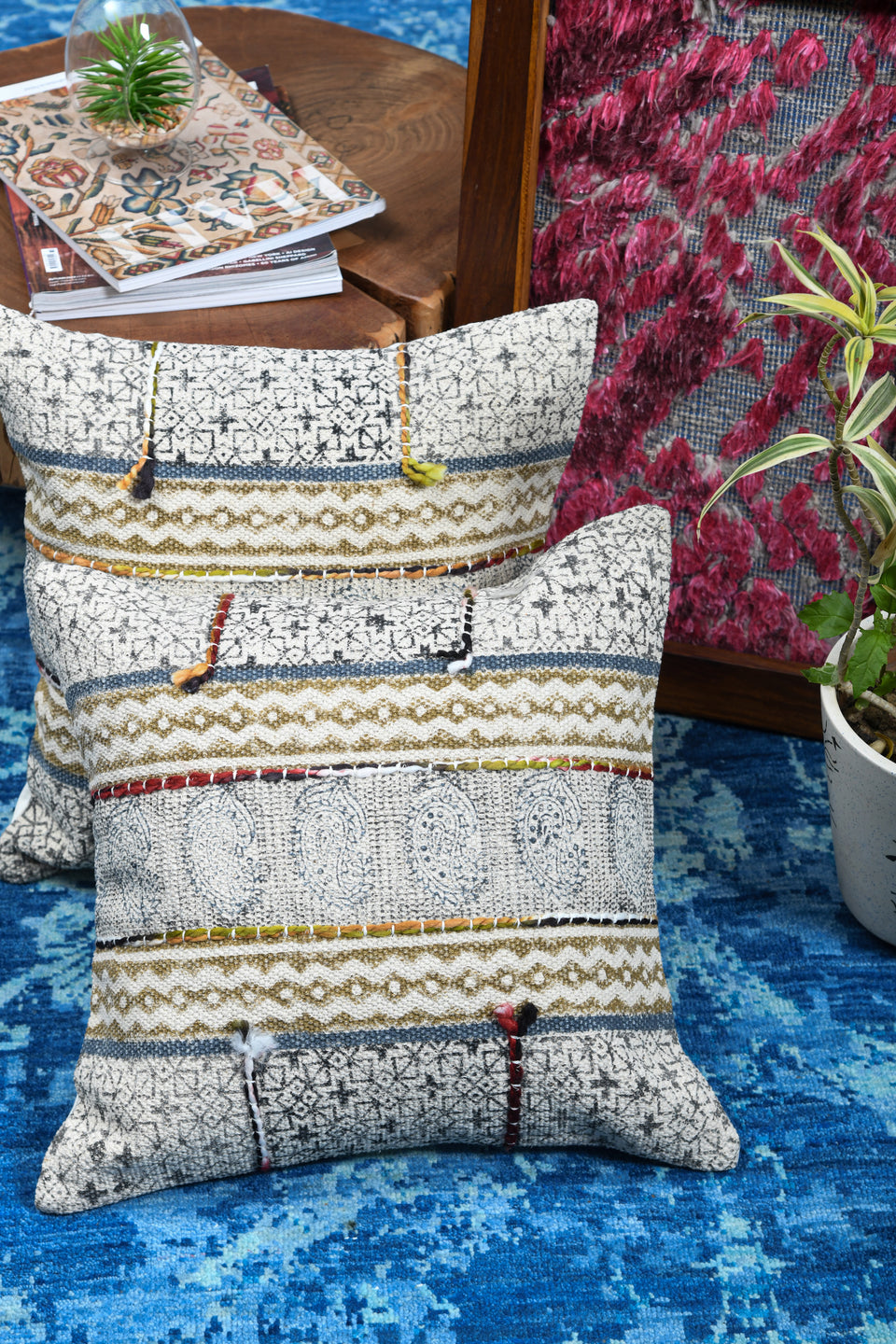 Shard Grey Blue Printed Cotton Durrie Cushion With Hand Work