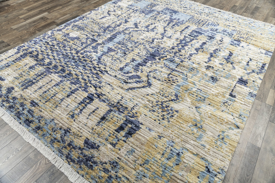 Luxury - Hand Made Hand Knotted Beige Blue Pure Silk & Wool Premium Carpet TRI 201