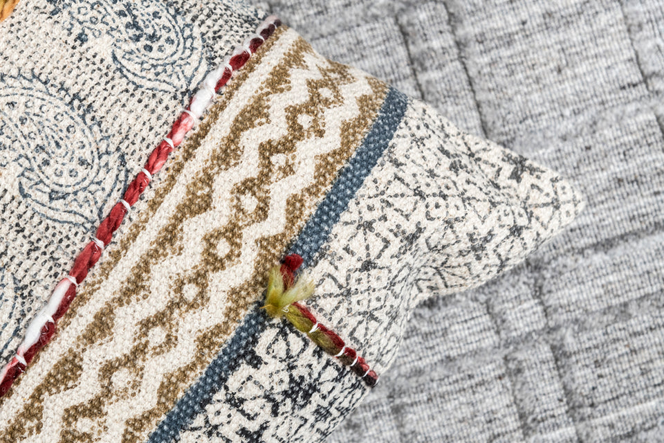 Shard Grey Blue Printed Cotton Durrie Cushion With Hand Work