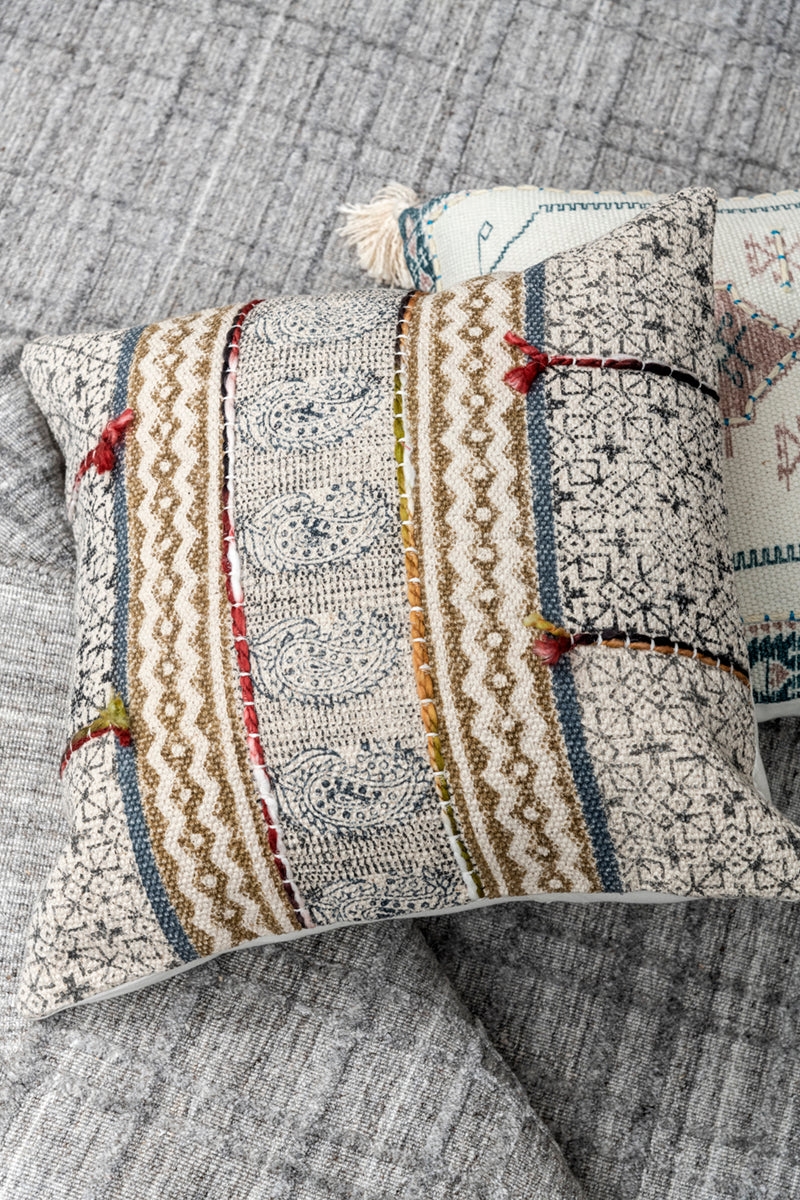Shard Grey Blue Printed Cotton Durrie Cushion With Hand Work