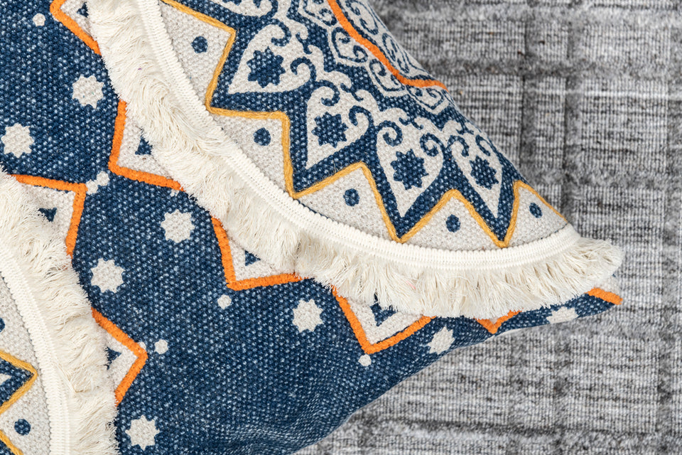 Tidal Ivory Blue Printed Cotton Durrie Cushion With Hand Work