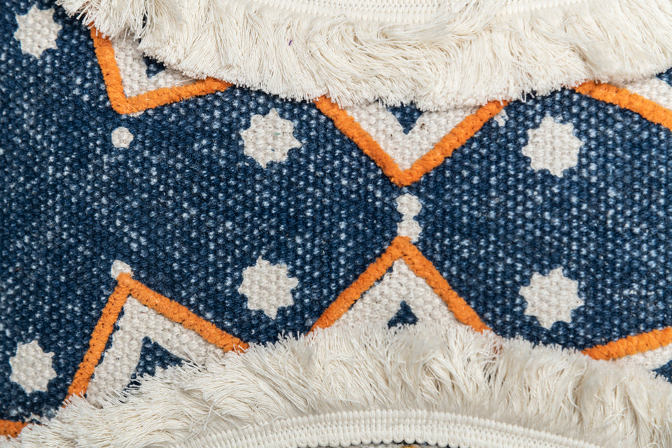 Tidal Ivory Blue Printed Cotton Durrie Cushion With Hand Work