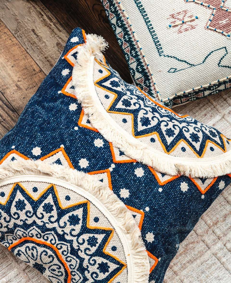 Tidal Ivory Blue Printed Cotton Durrie Cushion With Hand Work