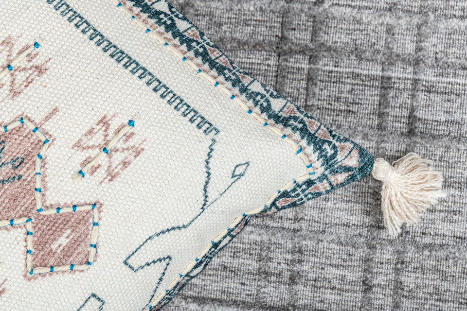 Wisteria  Ivory Printed Cotton Durrie Cushion With Hand Work
