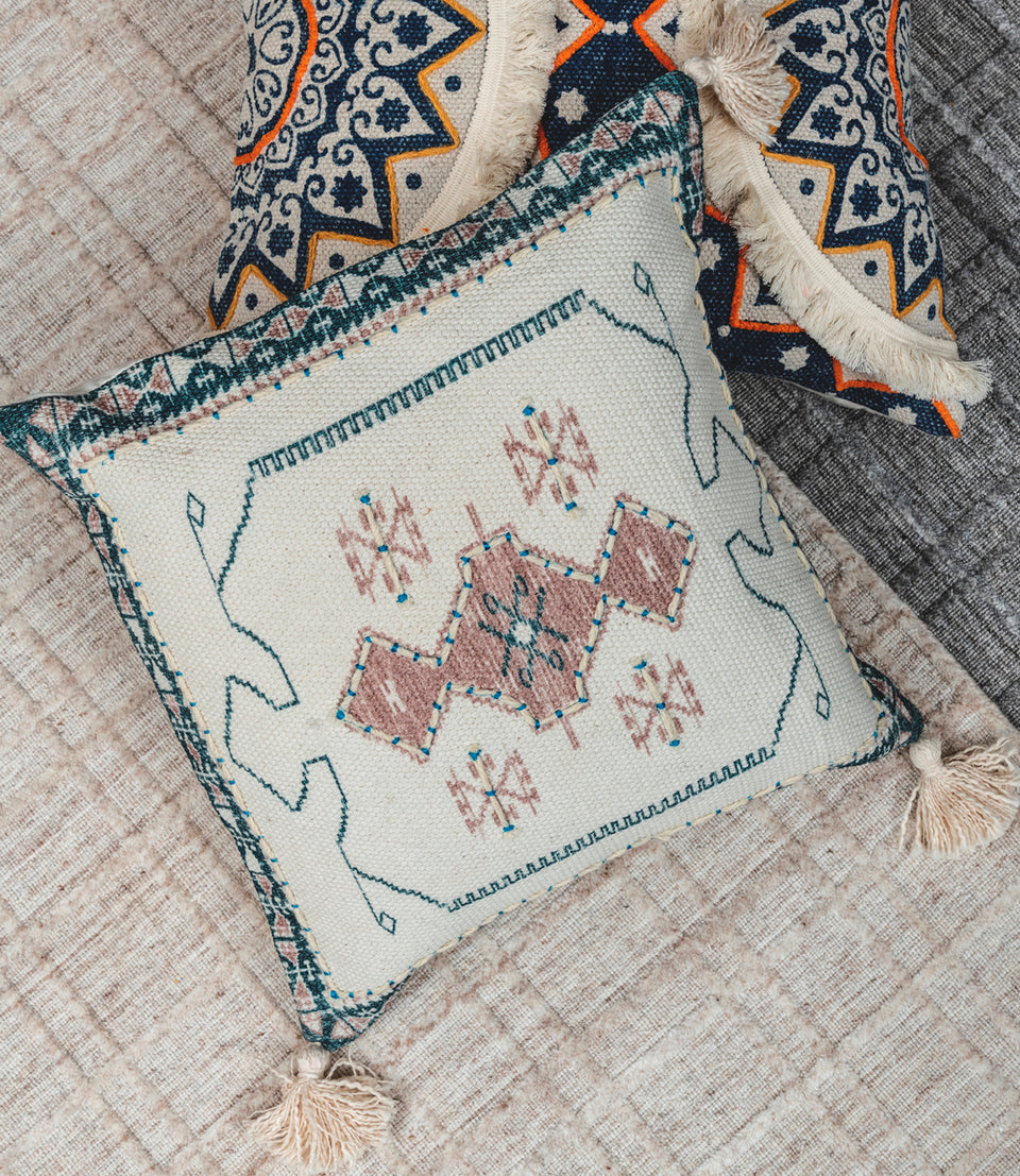 Wisteria  Ivory Printed Cotton Durrie Cushion With Hand Work