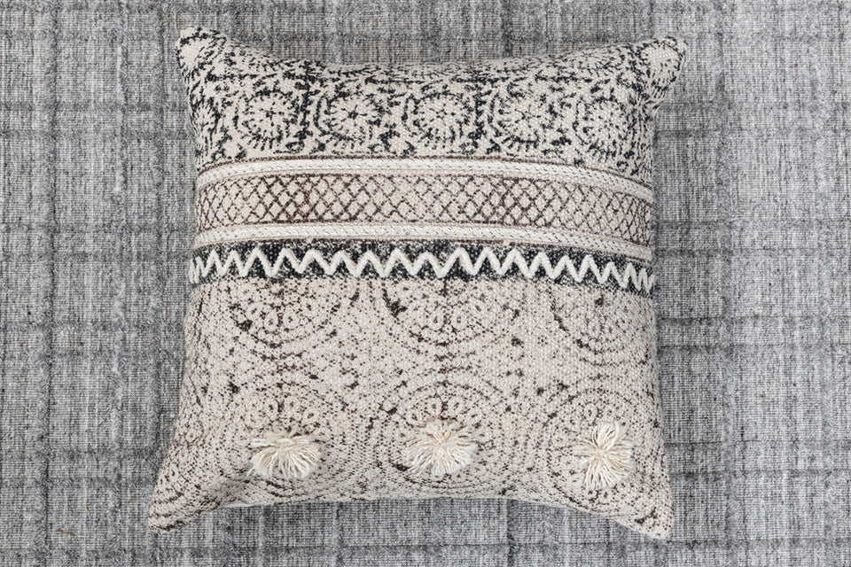 Witton Grey Brown Printed Cotton Durrie Cushion With Hand Work