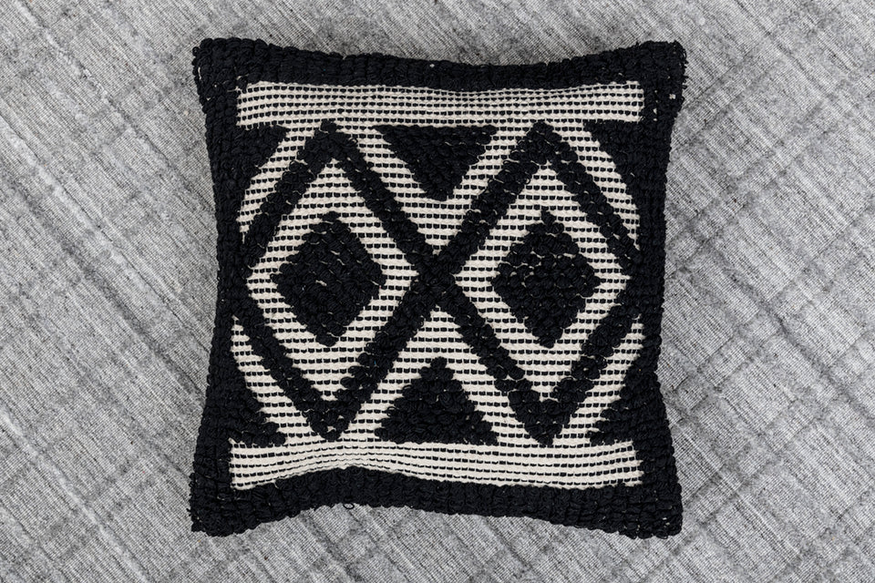 Romy Charcoal Printed Cotton Durrie Cushion With Hand Work