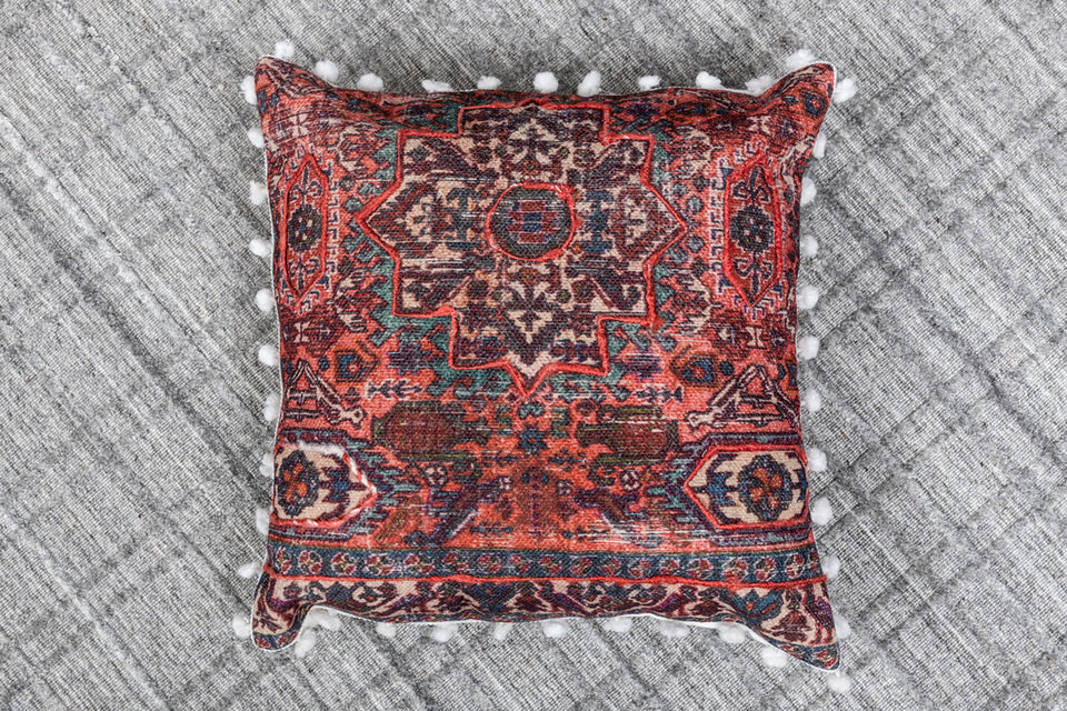 Thistle Maroon Printed Cotton Durrie Cushion With Hand Work