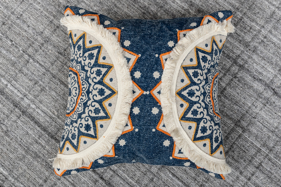 Tidal Ivory Blue Printed Cotton Durrie Cushion With Hand Work