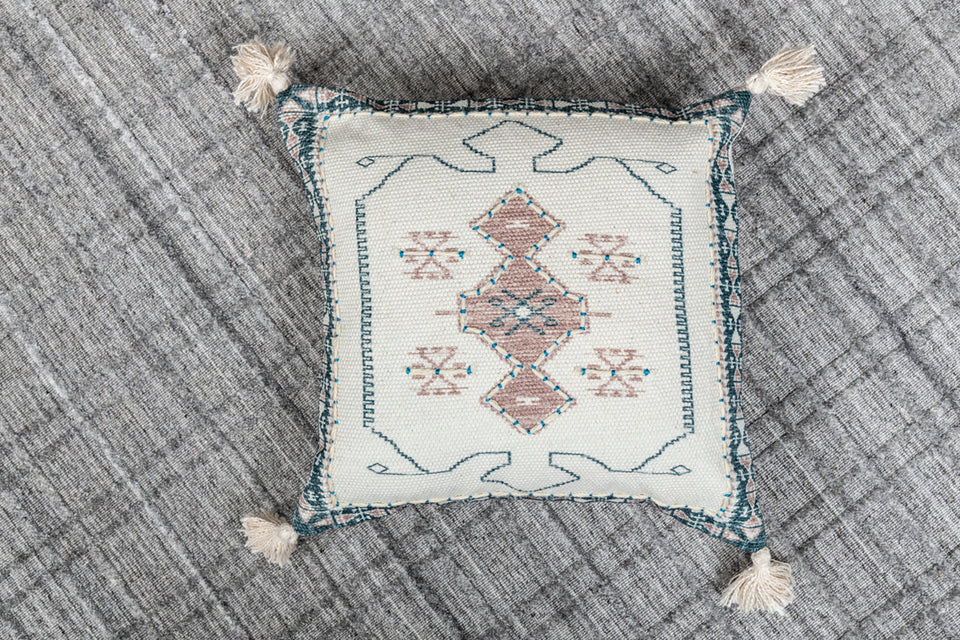 Wisteria  Ivory Printed Cotton Durrie Cushion With Hand Work